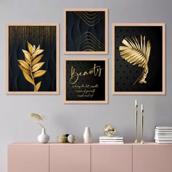 ARAkri Leaf Beauty quote wall frame painting for living room home decoration gift item Digital Reprint 14 inch x 11 inch Painting  (With Frame, Pack of 4)